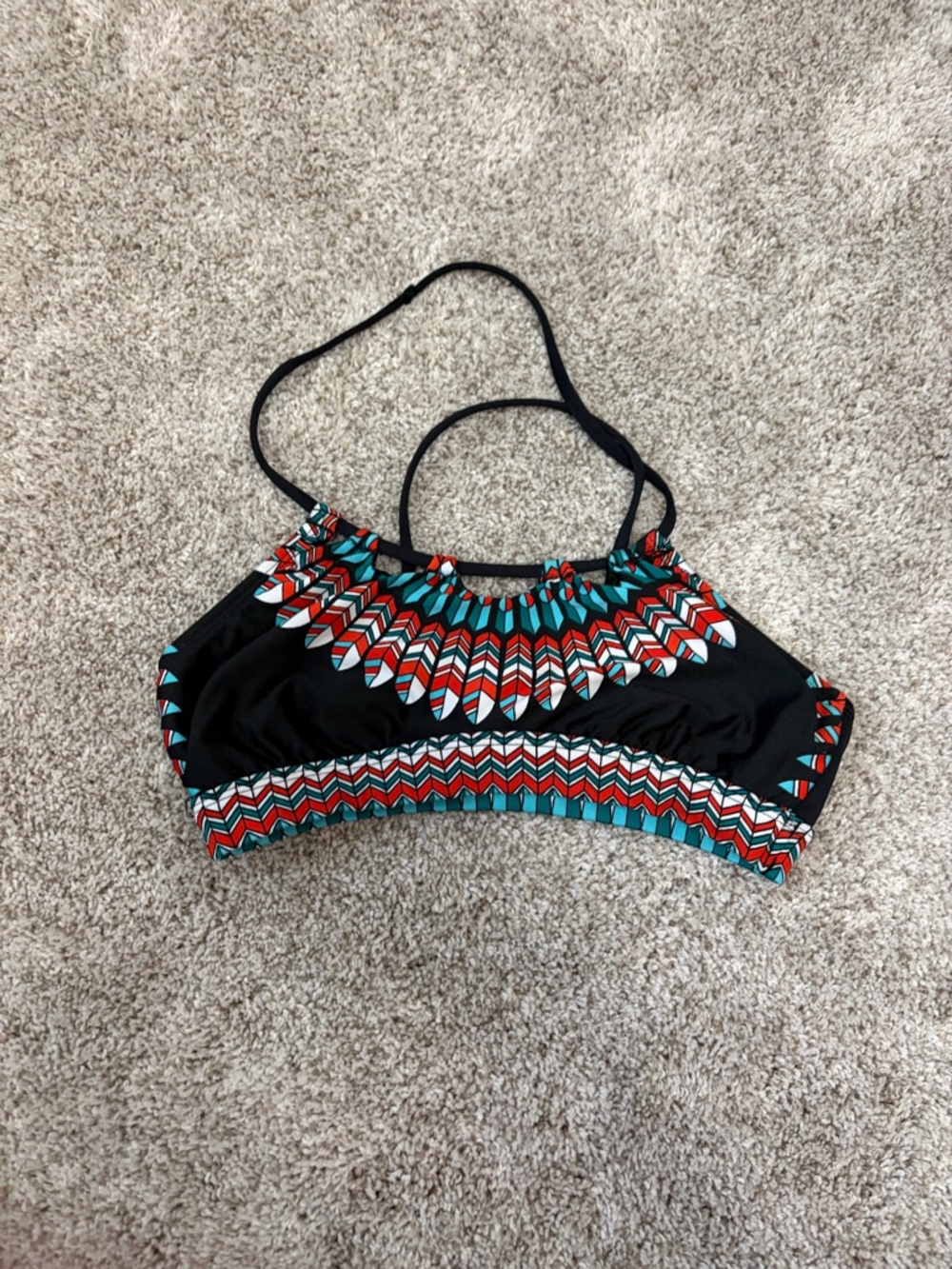 Gianni Bini Black Sports Bra with Turquoise & Red Feathers and Geometric Trim